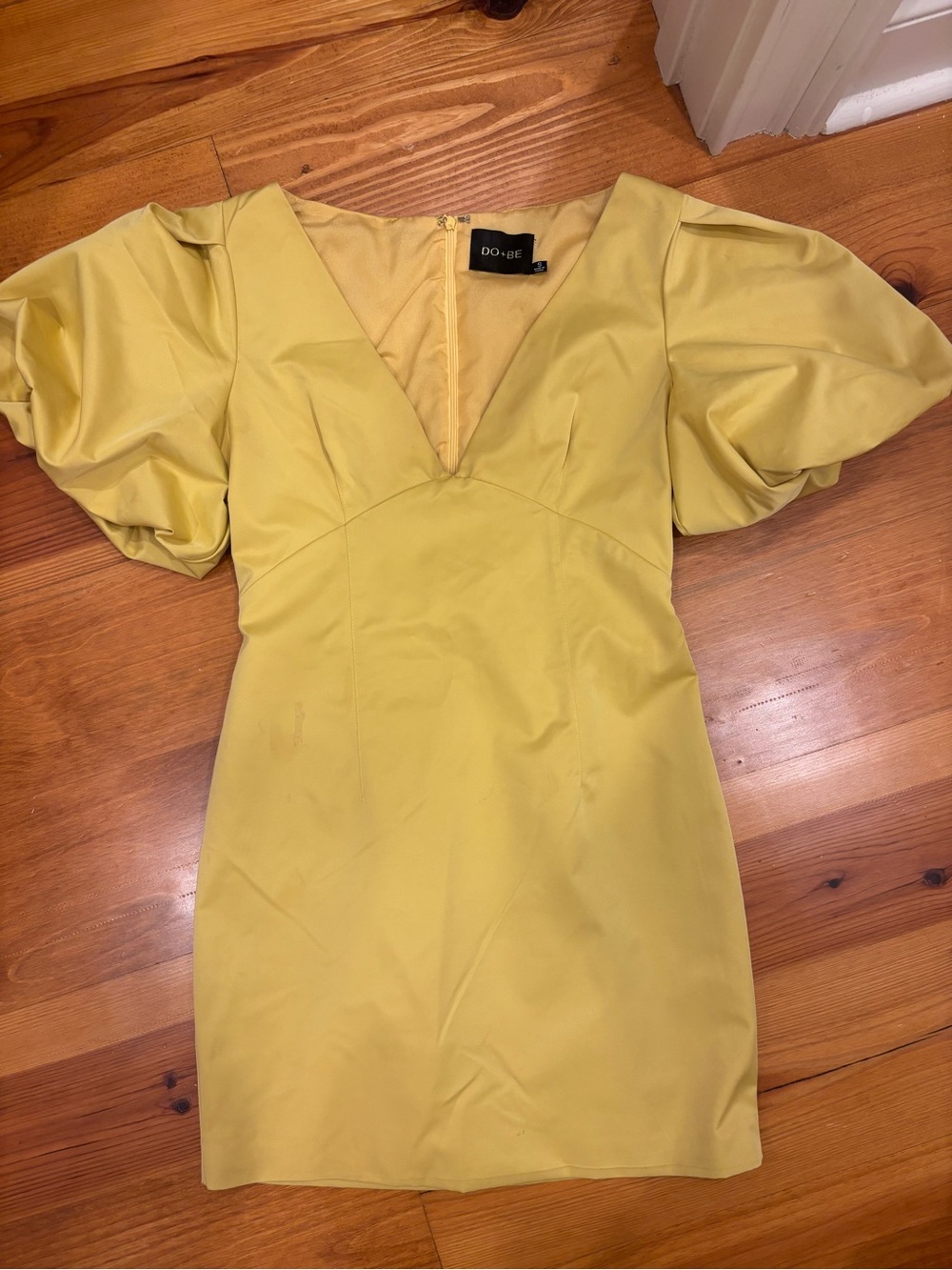 DO+BE Lemon Yellow Puff-Sleeve V-Neck Mini Dress